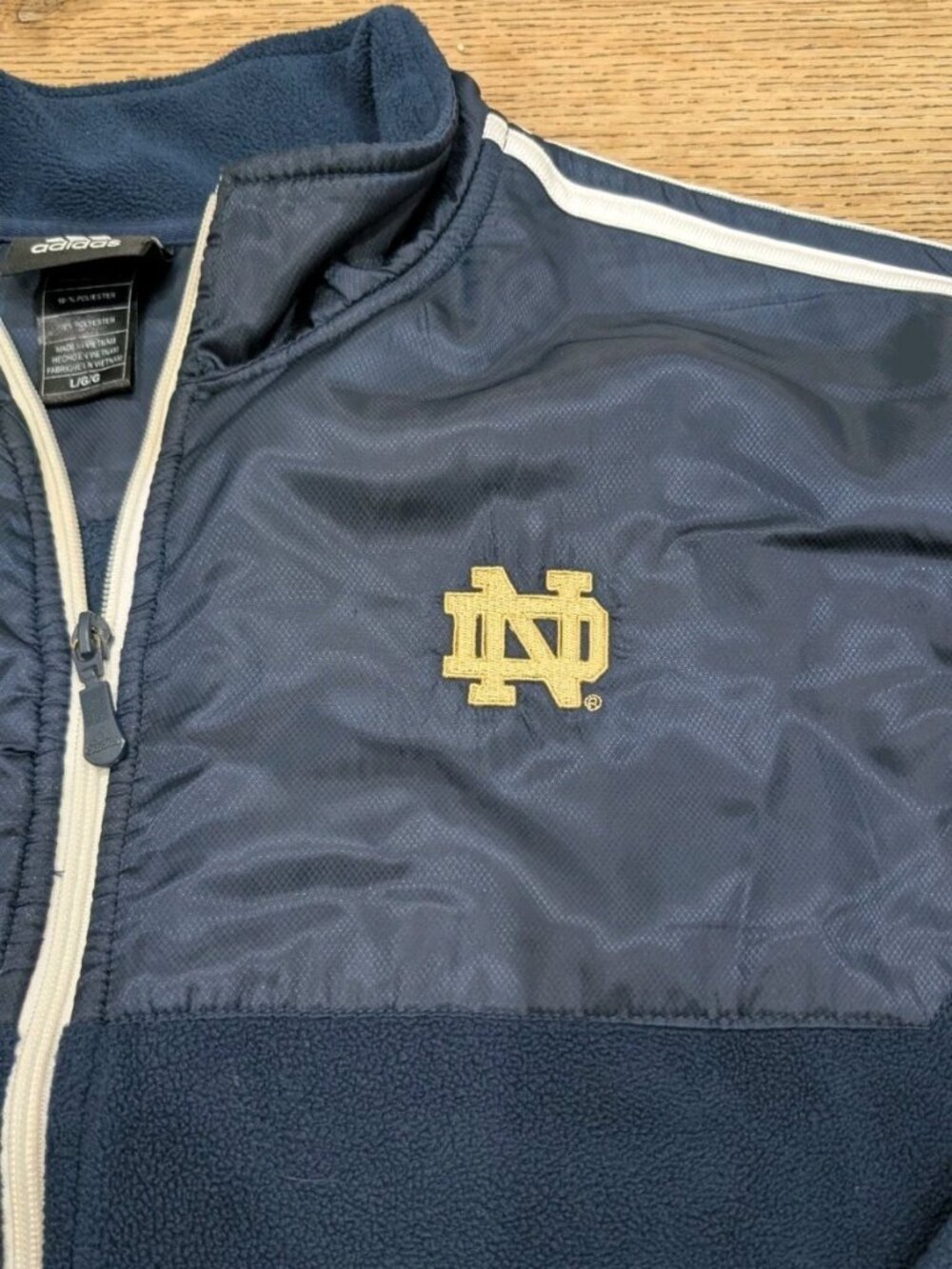Adidas Notre Dame Navy Blue Mens Large Striped Sleeve Zip Up Fleece Track Jacket - Picture 2 of 7